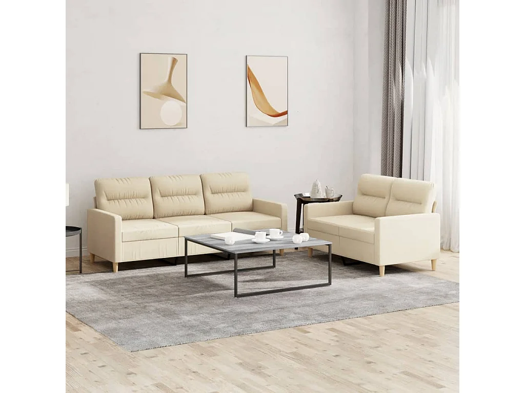 Set di Divani 2 pz con Cuscini Crema in Tessuto