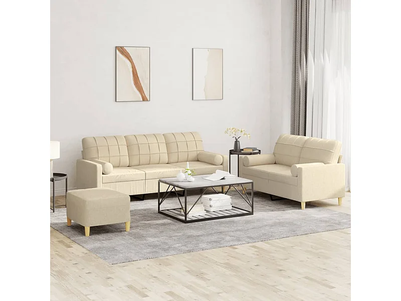 3-tlg. Sofagarnitur mit Kissen Creme Stoff