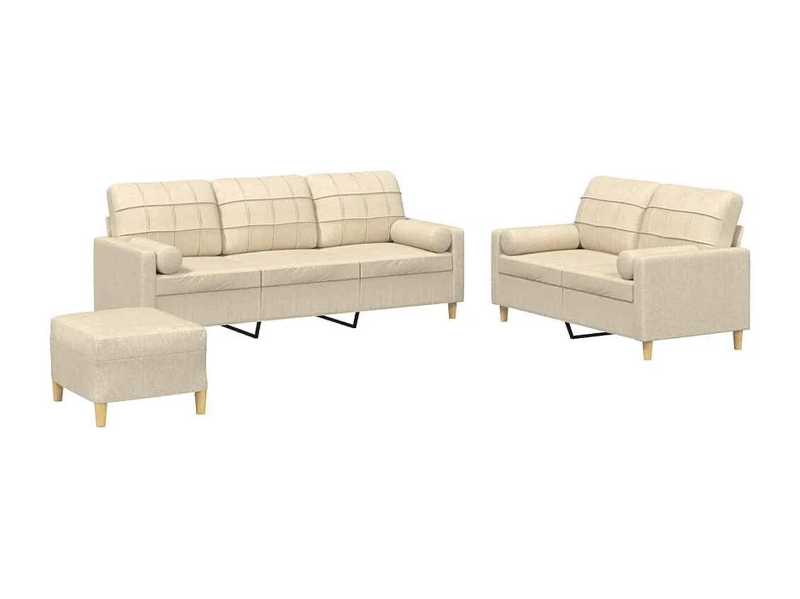 3-tlg. Sofagarnitur mit Kissen Creme Stoff