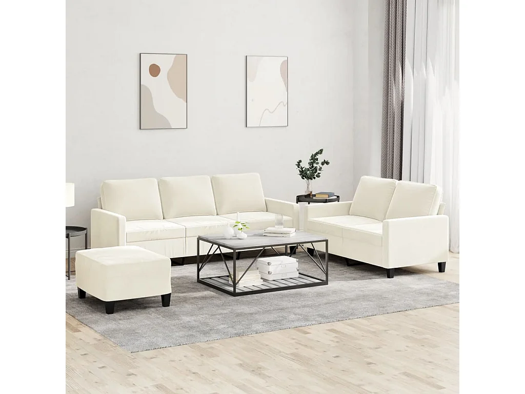 3-tlg. Sofagarnitur mit Kissen Creme Samt