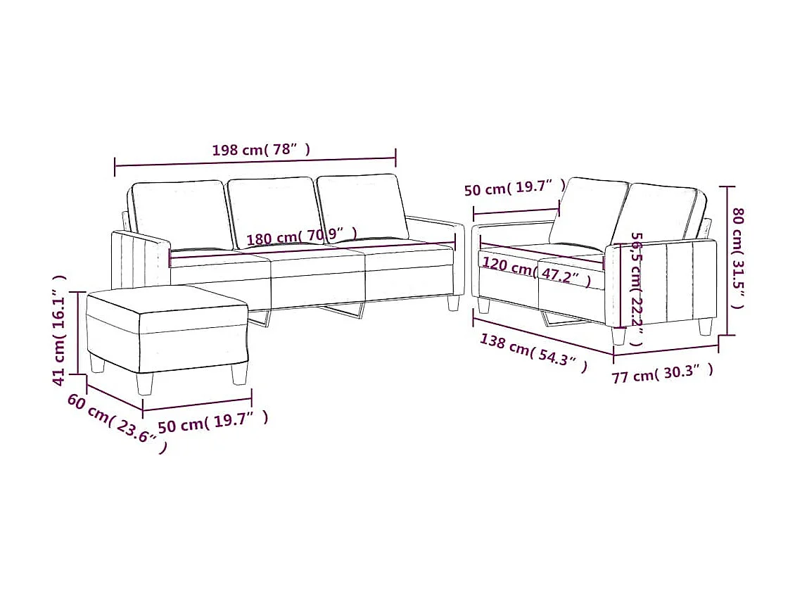 3-tlg. Sofagarnitur mit Kissen Creme Samt