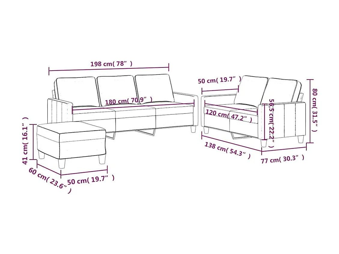 3-tlg. Sofagarnitur mit Kissen Creme Samt