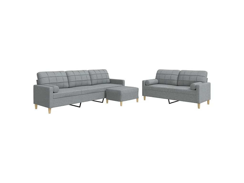 3pcs conjunto sofás c/ almofadões/apoio pés tecido cinza-claro