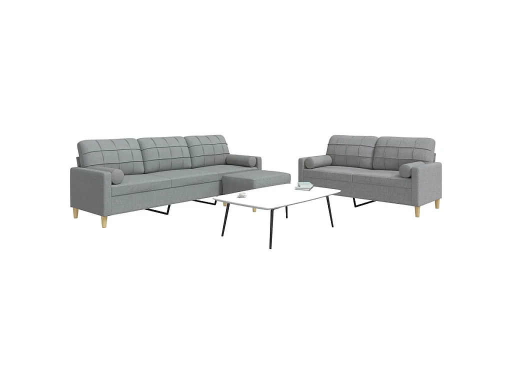 3pcs conjunto sofás c/ almofadões/apoio pés tecido cinza-claro