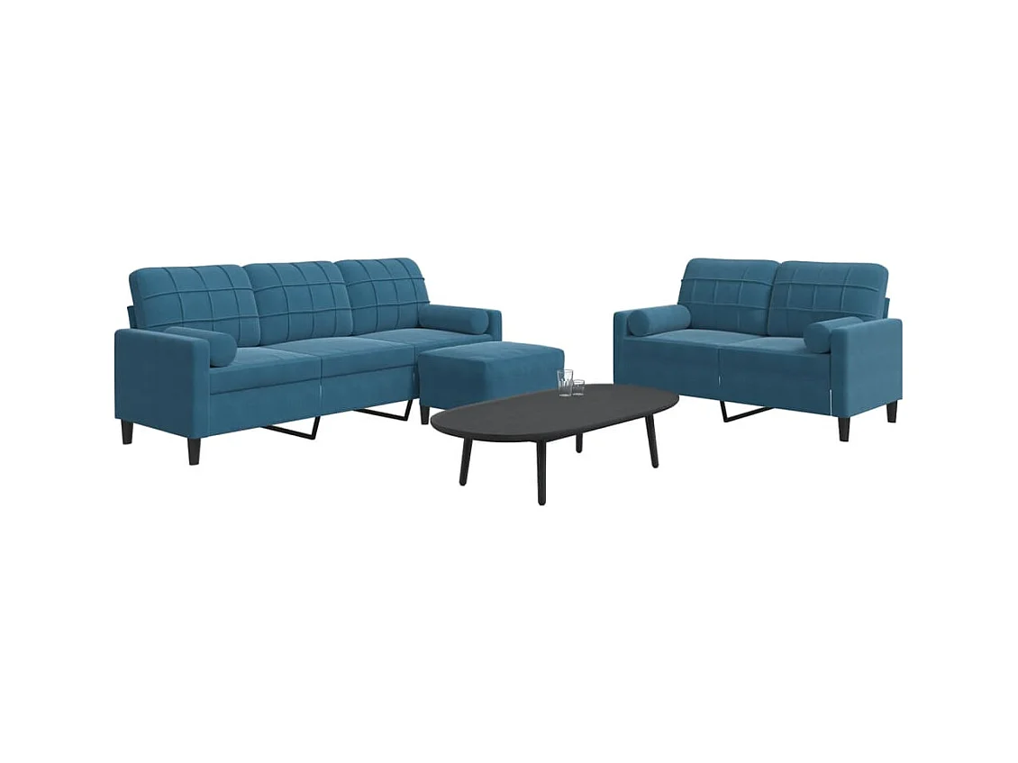 Ensemble de canapés 3pcs et coussins et traversins bleu velours