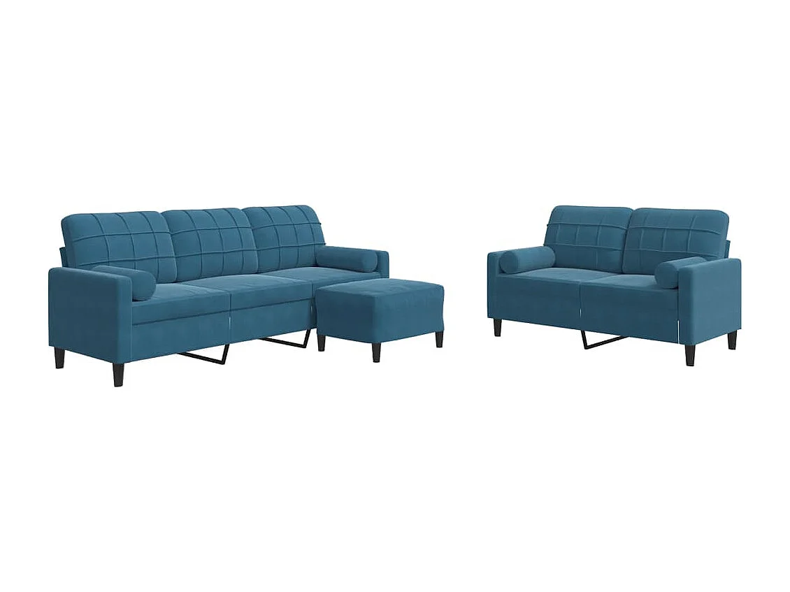 3 pcs conjunto de sofás com almofadões e rolos veludo azul