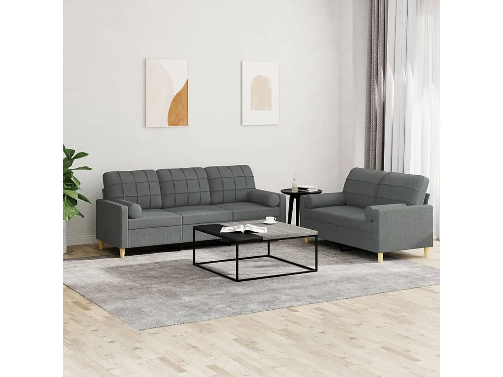 2 pcs conjunto de sofás com almofadas tecido cinzento-escuro