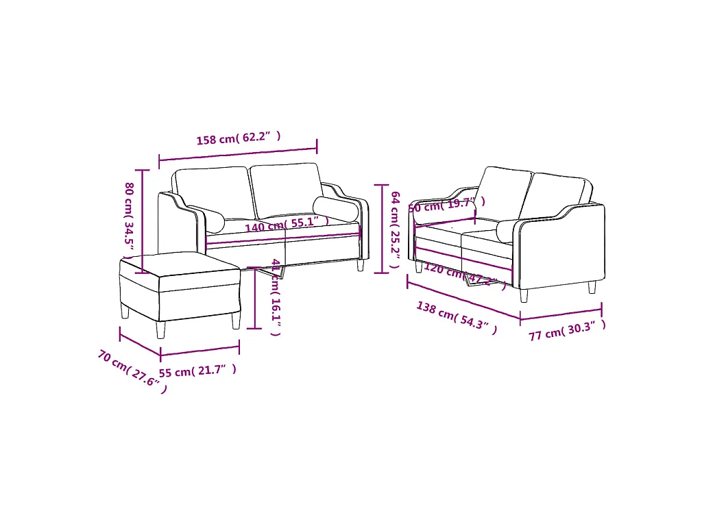 3-delige Loungeset met kussens stof taupe