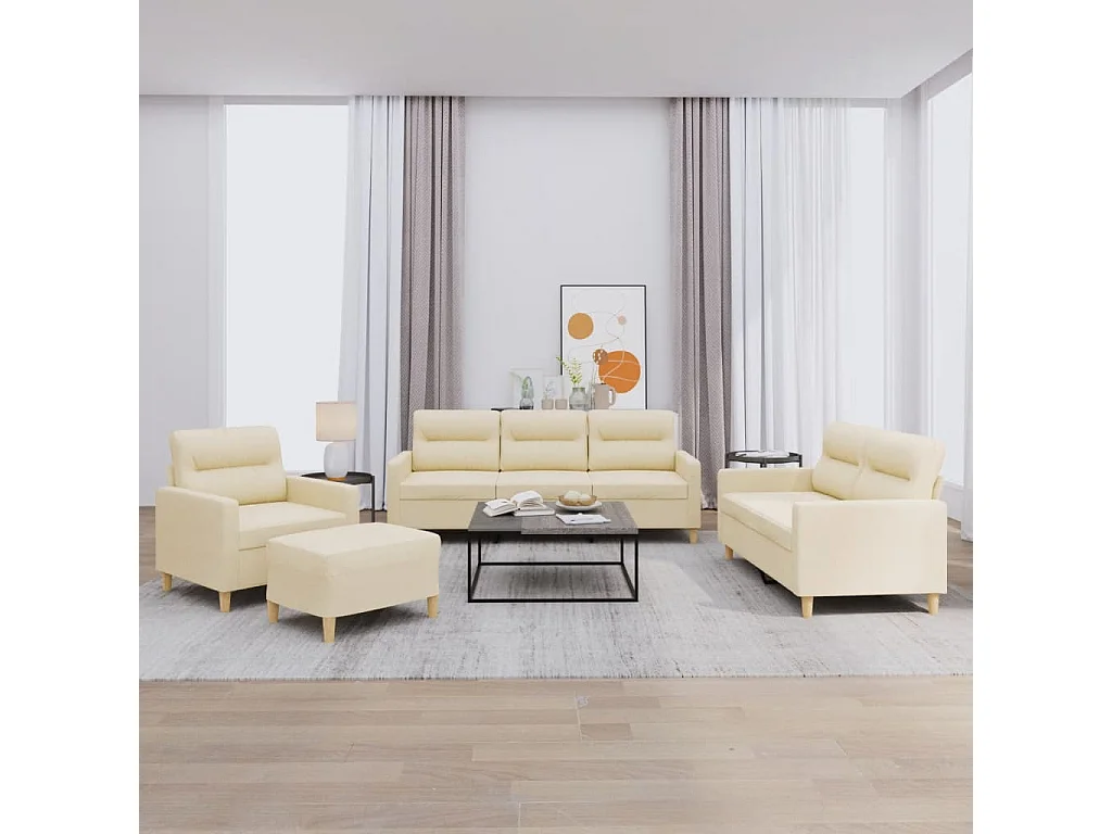 4-tlg. Sofagarnitur mit Kissen Creme Stoff