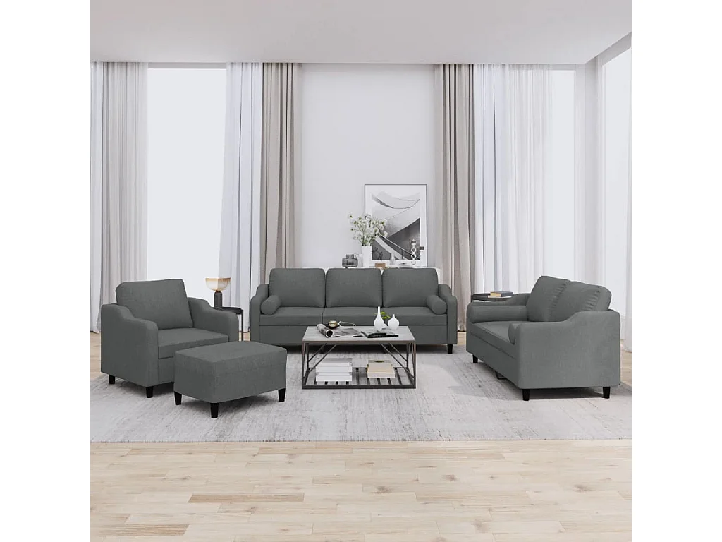 Set di Divani 4 pz con Cuscini Grigio Scuro in Tessuto