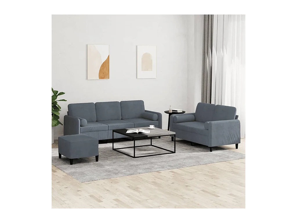 Ensemble de canapés 3 pcs avec coussins gris foncé velours
