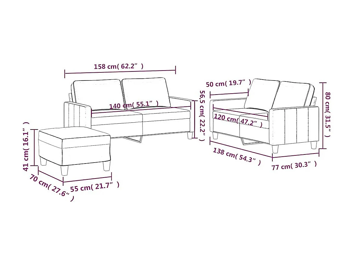 3-delige Loungeset met kussens fluweel crèmekleurig