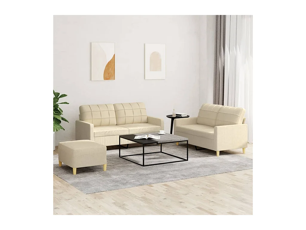 Set di Divani 3 pz con Cuscini Crema in Tessuto