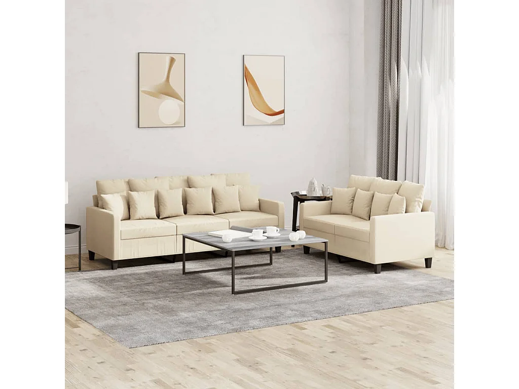 2-tlg. Sofagarnitur mit Kissen Creme Stoff