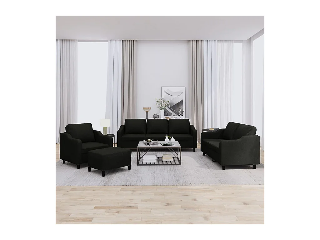 4-tlg. Sofagarnitur mit Kissen Schwarz Stoff