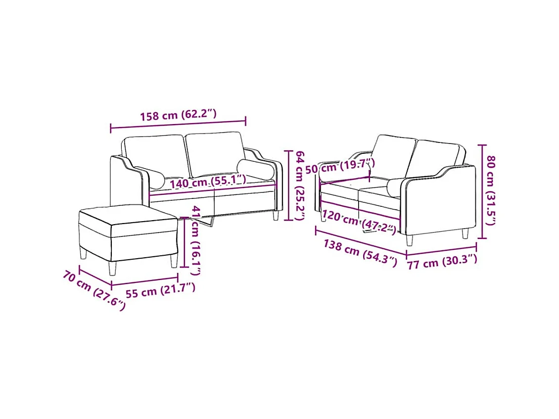 Ensemble de canapés 3 pcs avec coussins rouge bordeaux tissu