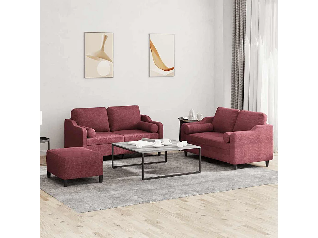 Ensemble de canapés 3 pcs avec coussins rouge bordeaux tissu