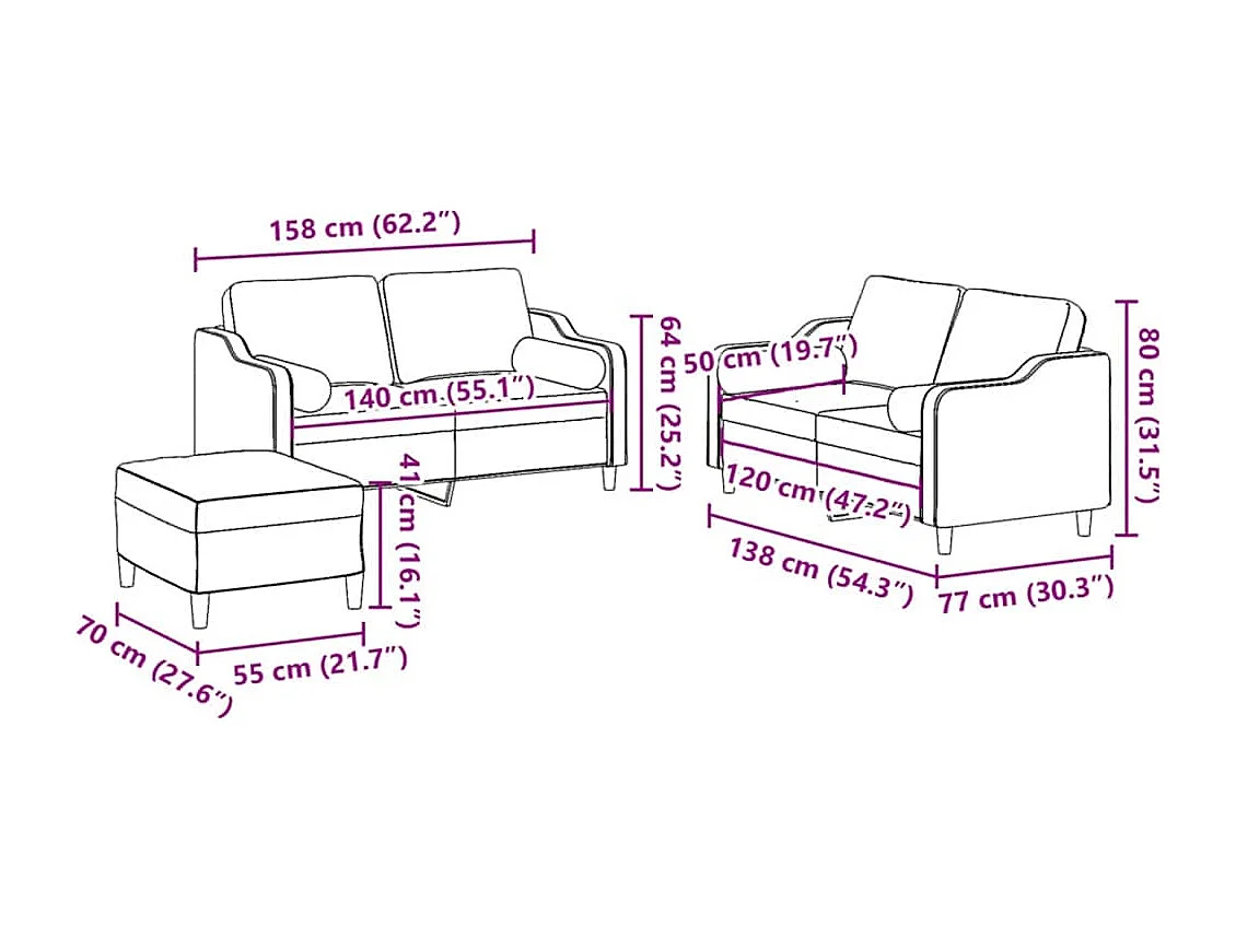 Ensemble de canapés 3 pcs avec coussins rouge bordeaux tissu