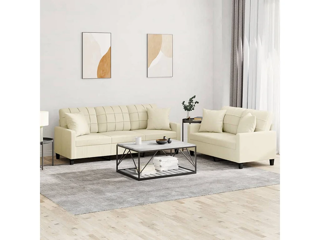 2 pcs conjunto de sofás com almofadas couro artificial creme