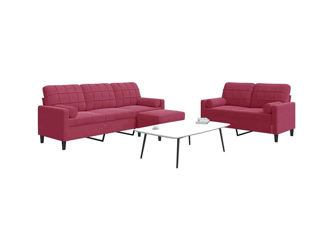 Set di Divani 3 pz con Cuscini e Rinforzi Rosso Vino in Velluto