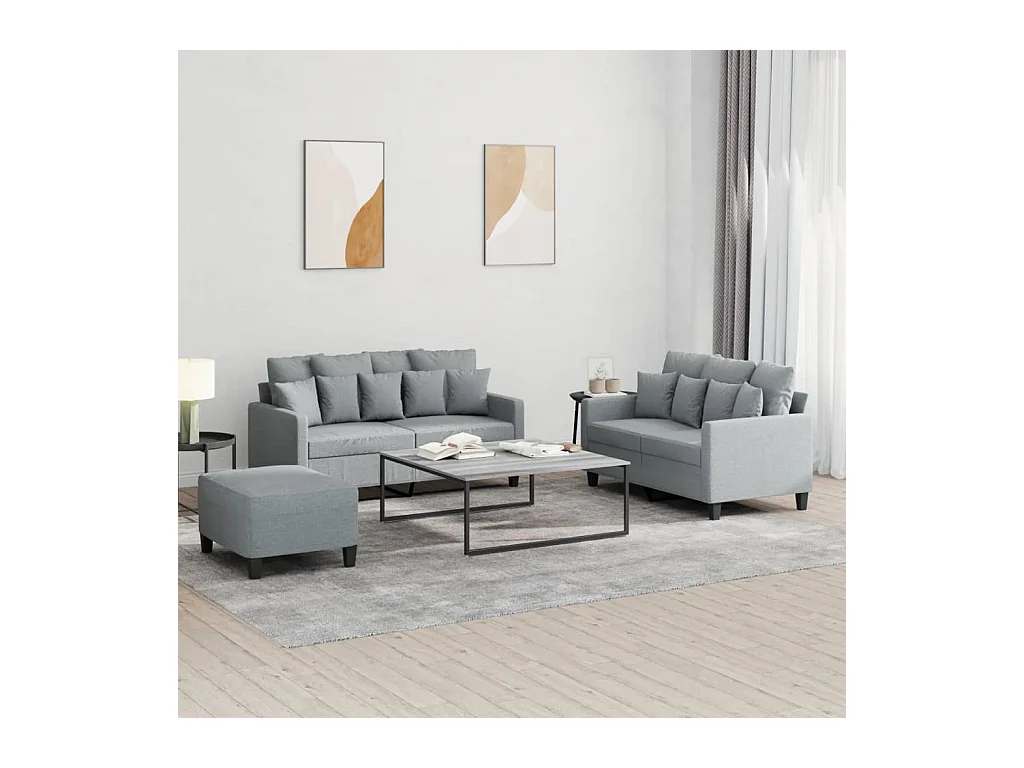 Set di Divani 3 pz con Cuscini Grigio Chiaro in Tessuto