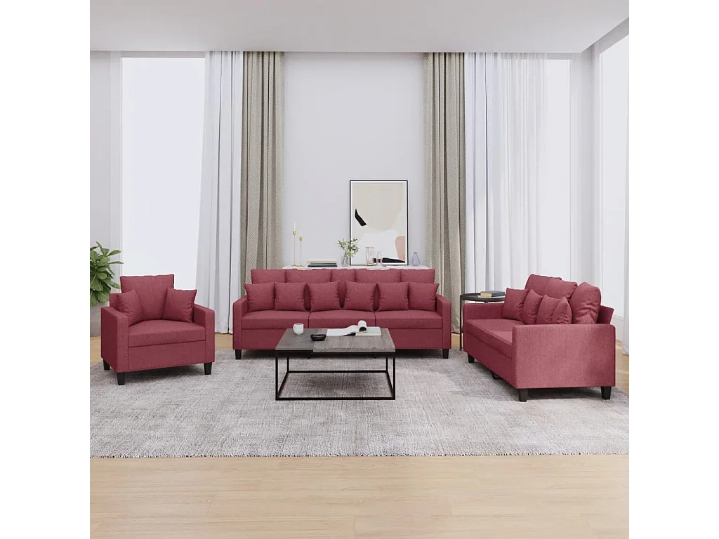 Ensemble de canapés 3 pcs avec coussins rouge bordeaux tissu