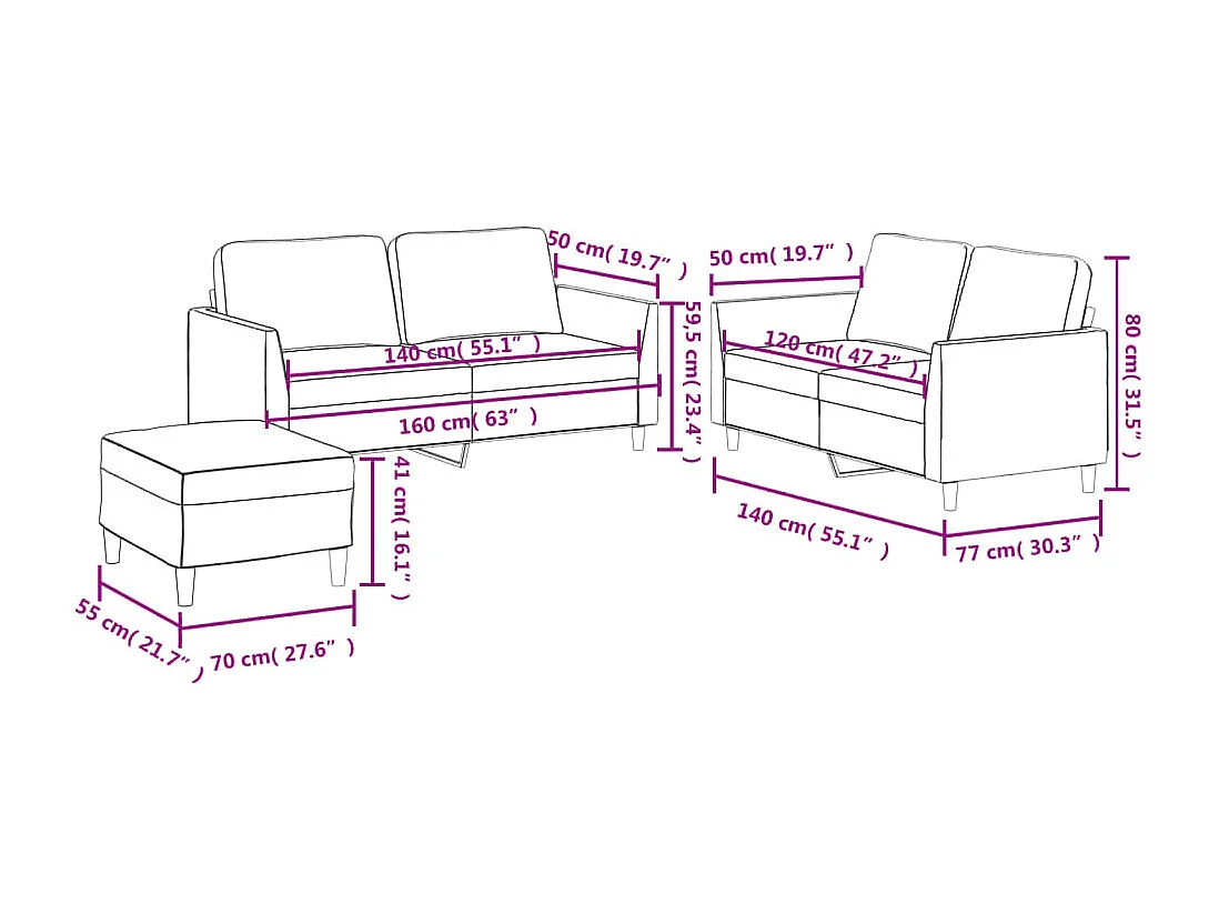 3-delige Loungeset met kussens kunstleer crème
