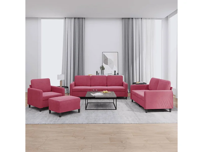 4 pcs conjunto de sofás veludo vermelho-tinto
