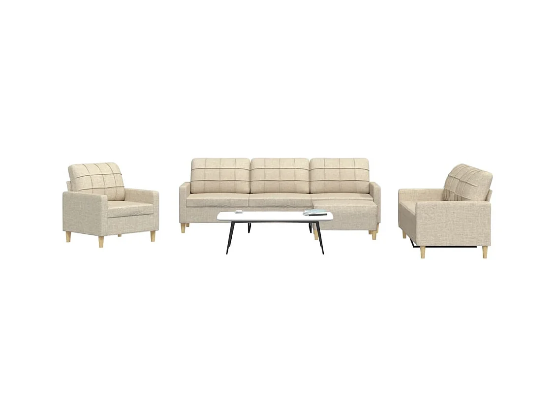 4-tlg. Sofagarnitur mit Fußhocker Creme Stoff