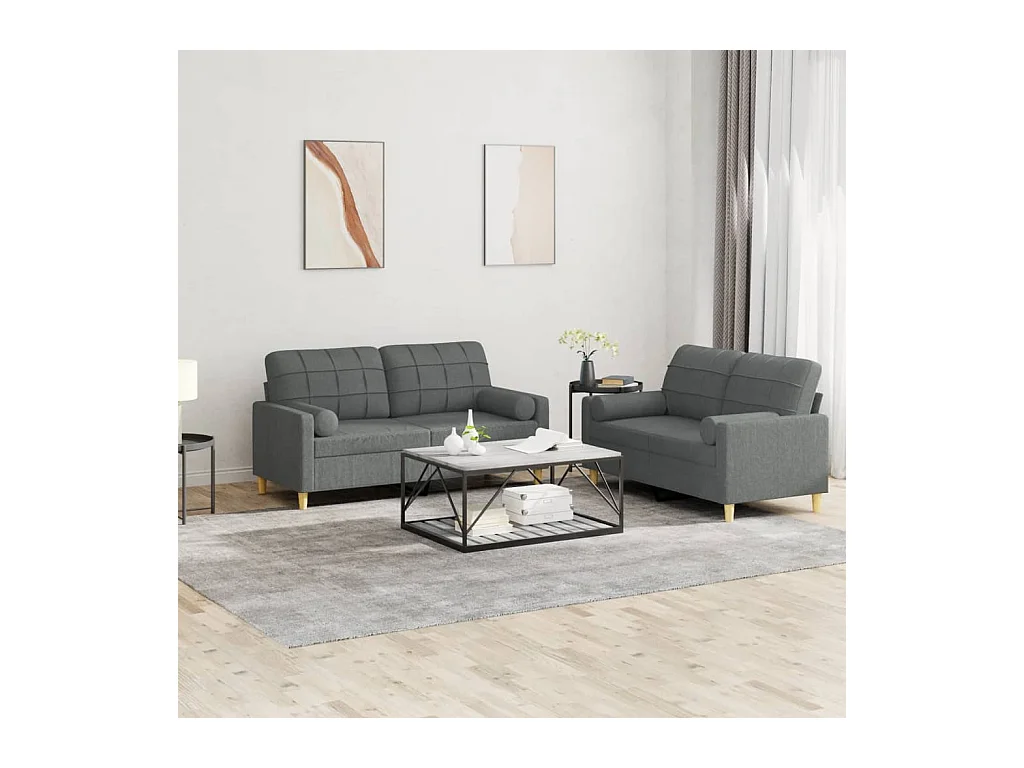 Set di Divani 2 pz con Cuscini Grigio Scuro in Tessuto