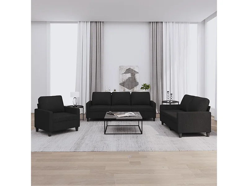 3-tlg. Sofagarnitur mit Kissen Schwarz Stoff