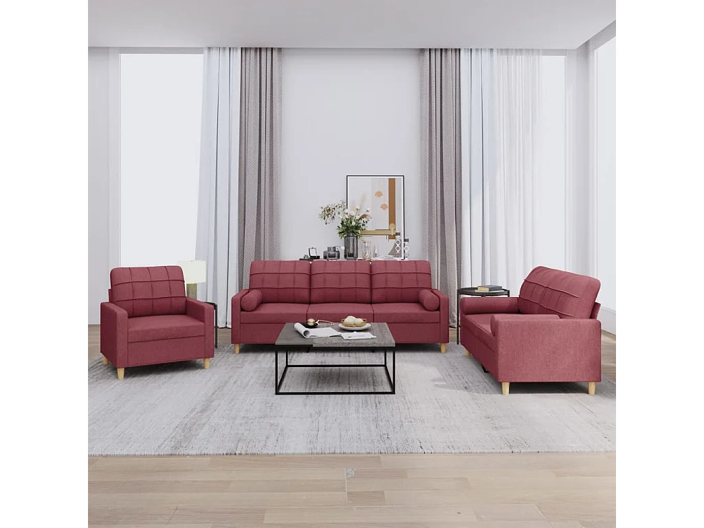 Set di Divani 3 pz con Cuscini Rosso Vino in Tessuto
