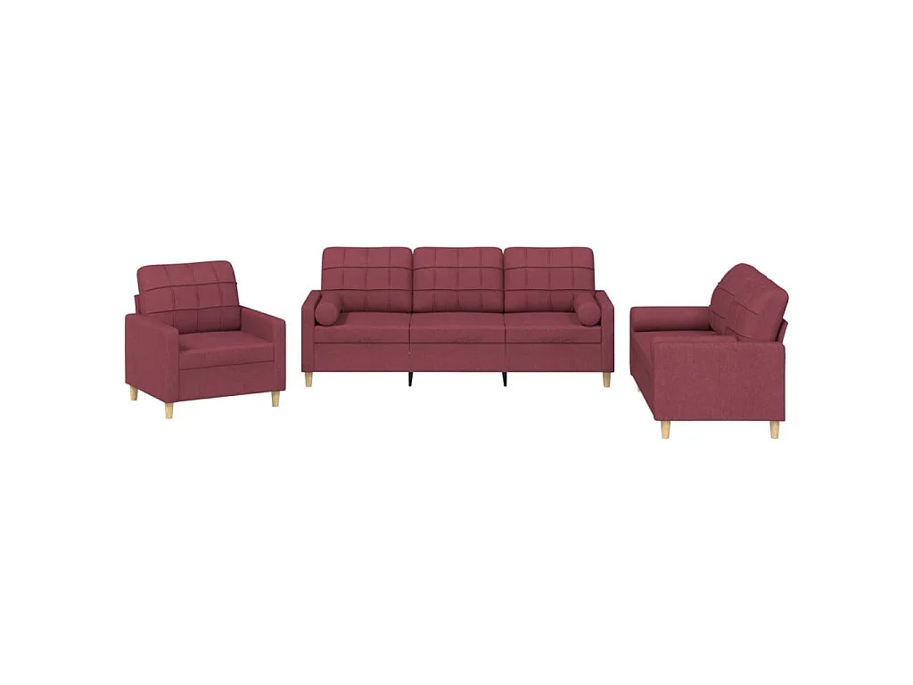 Ensemble de canapés 3 pcs avec coussins rouge bordeaux tissu