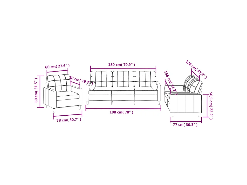 Ensemble de canapés 3 pcs avec coussins rouge bordeaux tissu
