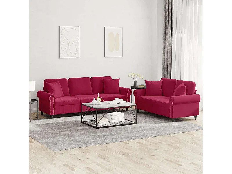 Ensemble de canapés 2 pcs avec coussins rouge bordeaux velours