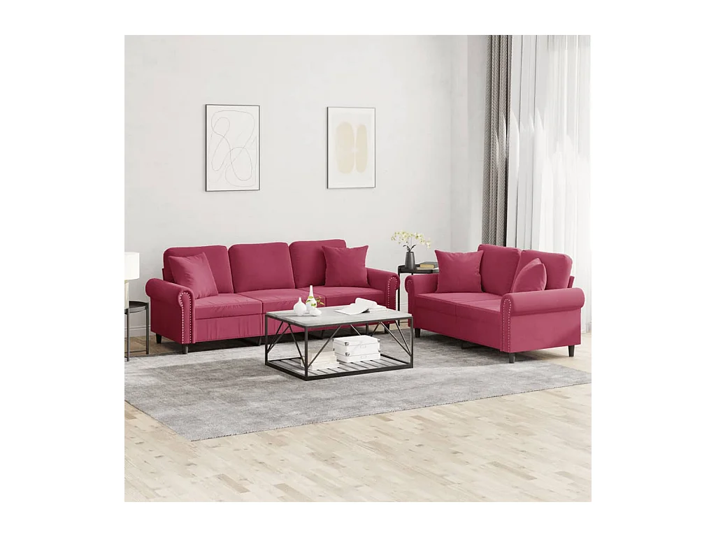 Ensemble de canapés 2 pcs avec coussins rouge bordeaux velours