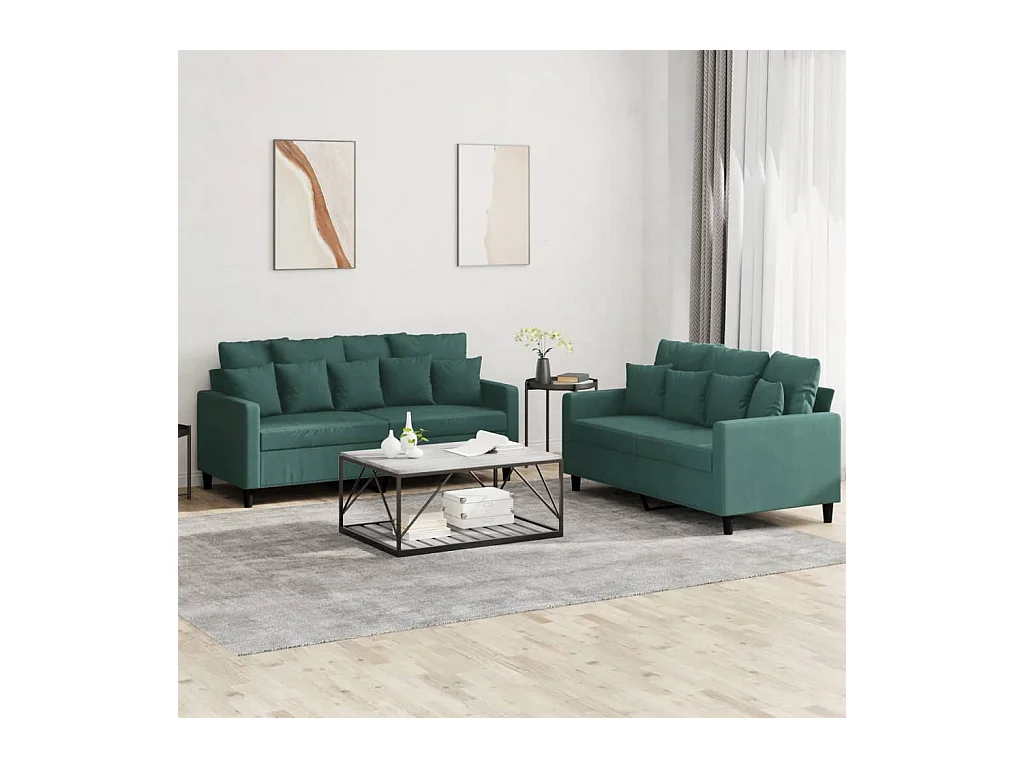 Set di Divani 2 pz con Cuscini Verde scuro in Velluto