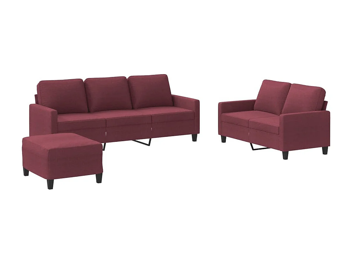 Set di Divani 3 pz con Cuscini Rosso Vino in Tessuto