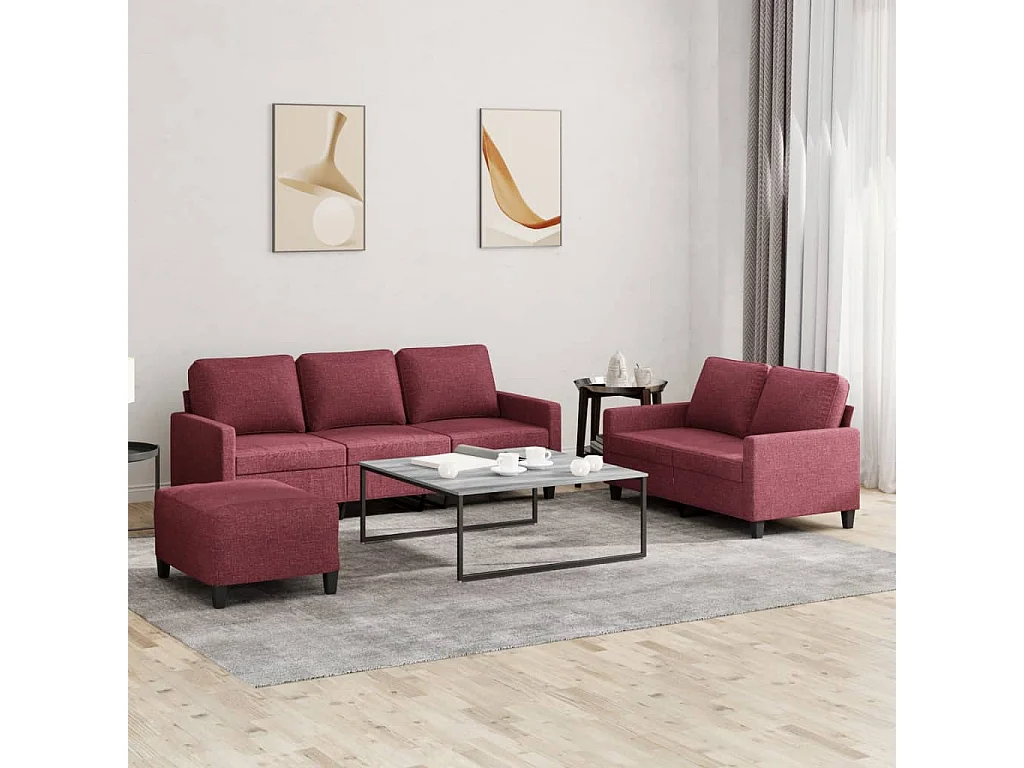 Set di Divani 3 pz con Cuscini Rosso Vino in Tessuto