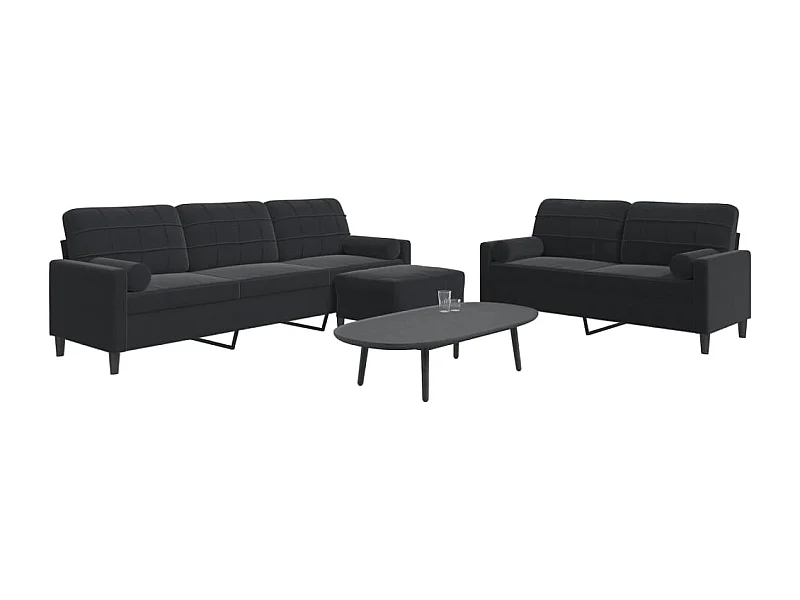 Ensemble de canapés 3pcs et coussins et traversins noir velours