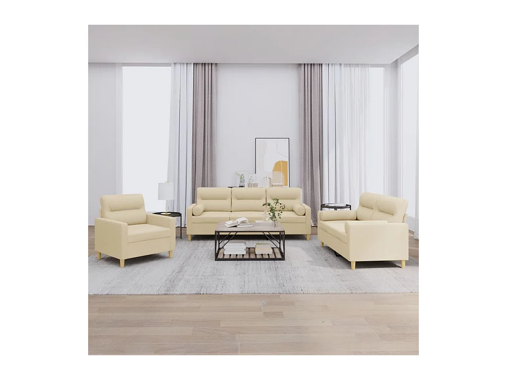Set Divani 3 pz con Cuscini Crema in Tessuto