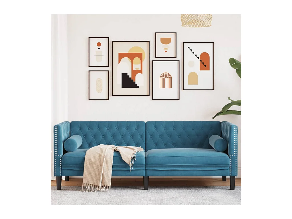 Canapé Chesterfield avec traversins 3 places bleu velours