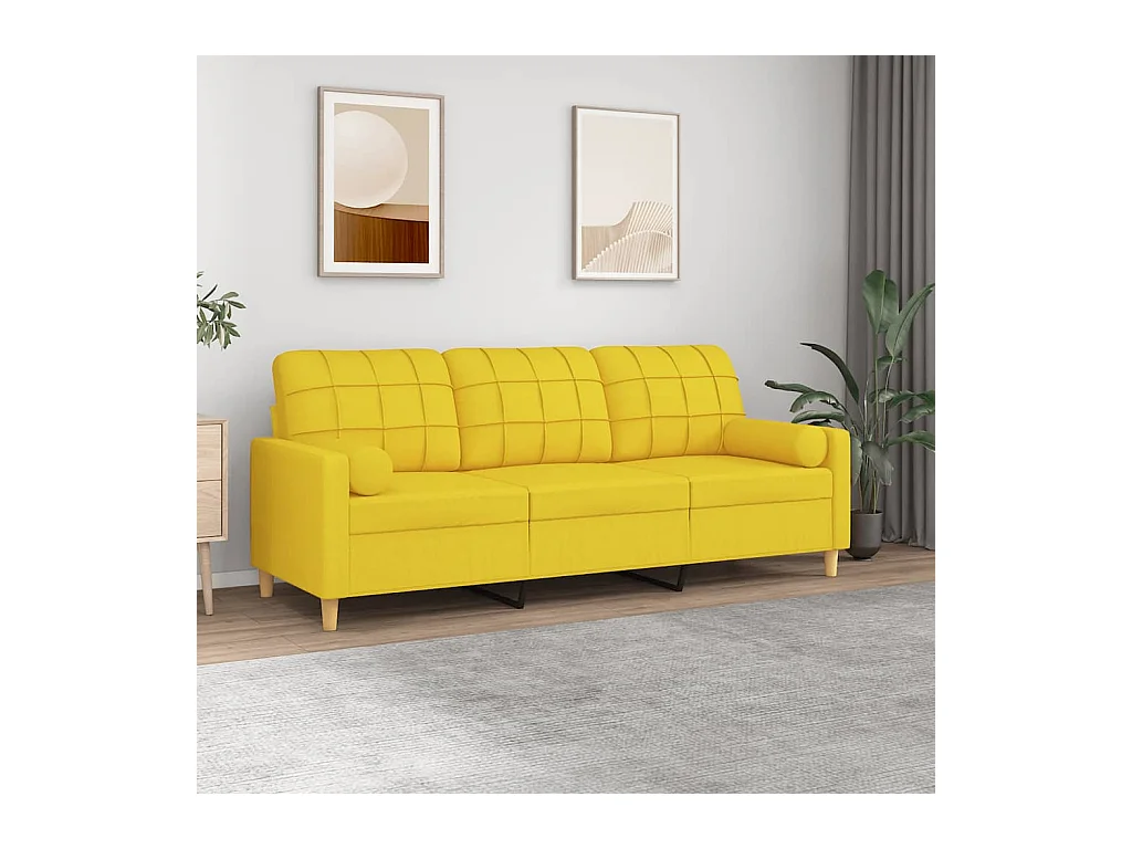 Divano a 3 Posti con Cuscini Giallo Chiaro 180 cm in Tessuto