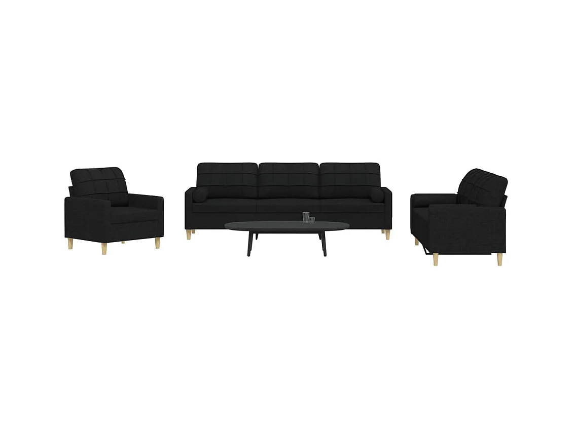 3-delige Loungeset met sierkussens stof zwart