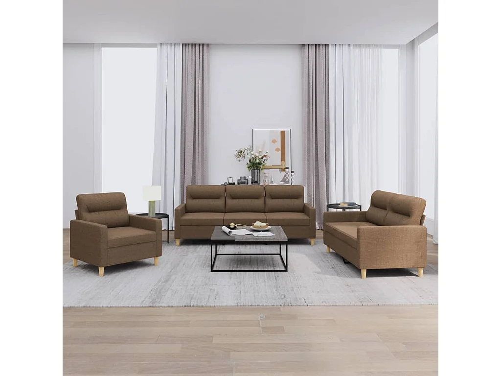 Set di Divani 3 pz con Cuscini Marrone in Tessuto