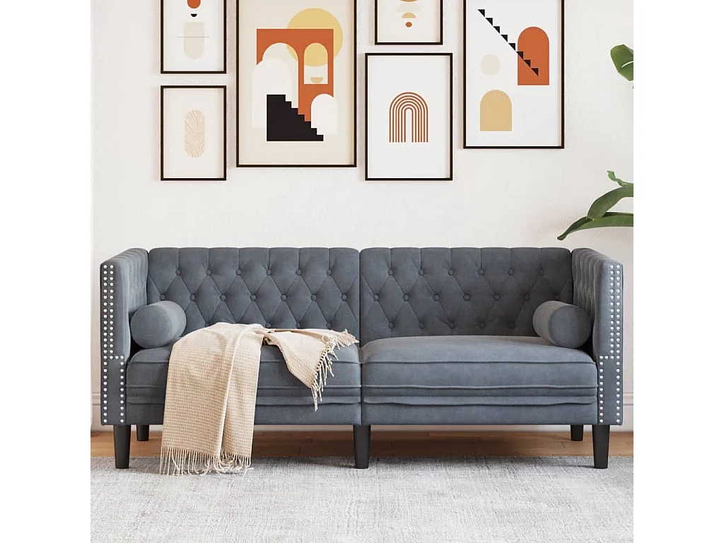 Canapé Chesterfield avec traversins 2 places gris foncé velours