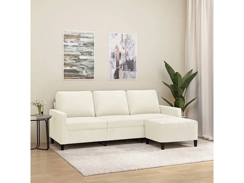 Sofá de 3 lugares com apoio de pés 180 cm veludo cor creme