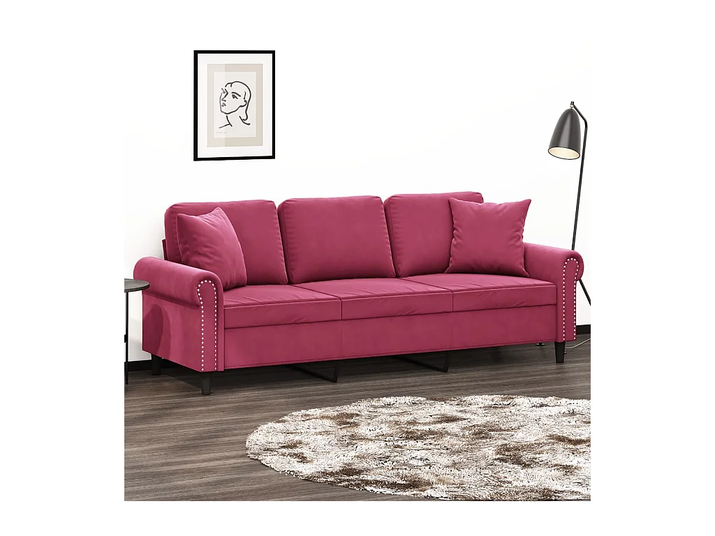 Canapé 3 places avec oreillers bordeaux 180 cm velours