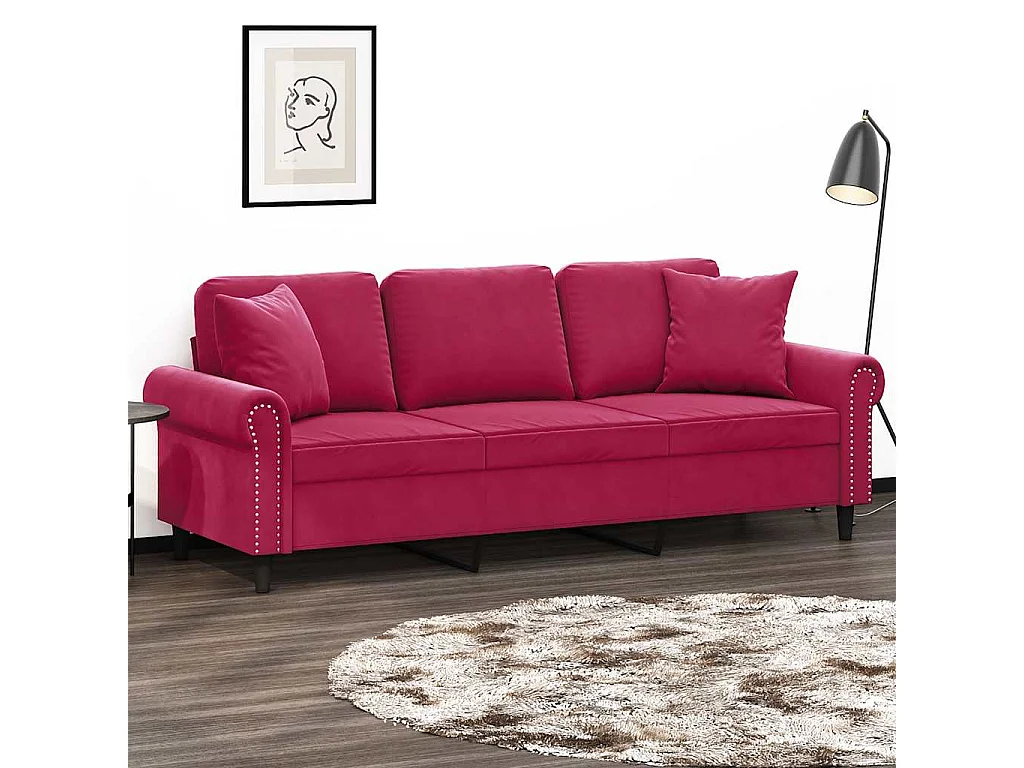 Canapé 3 places avec oreillers bordeaux 180 cm velours