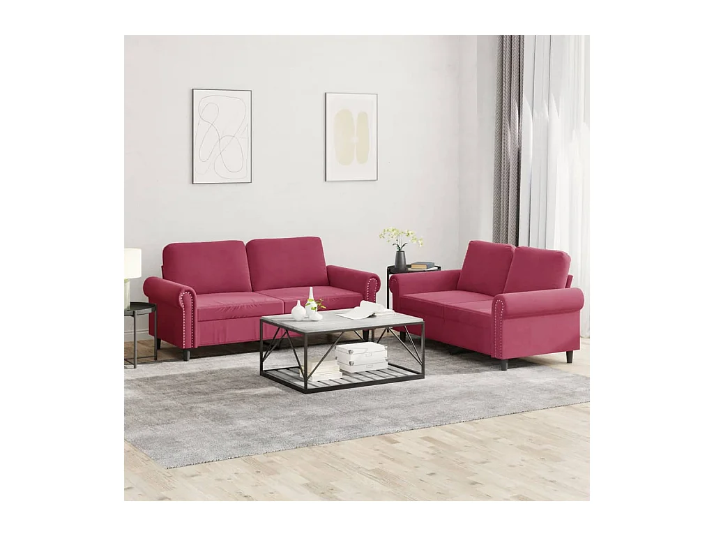 Ensemble de canapés 2 pcs avec coussins Rouge bordeaux Velours